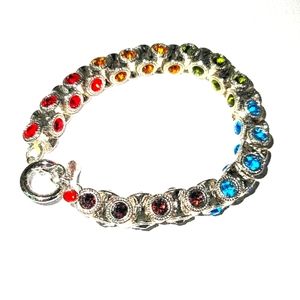 New! Rainbow Color Austrian Crystal Stretch Bracelet, Silvertone w/Toggle Clasp